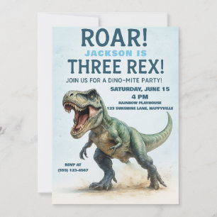 Three Rex Birthday - Boys T-Rex Dinosaur Bday Invitation