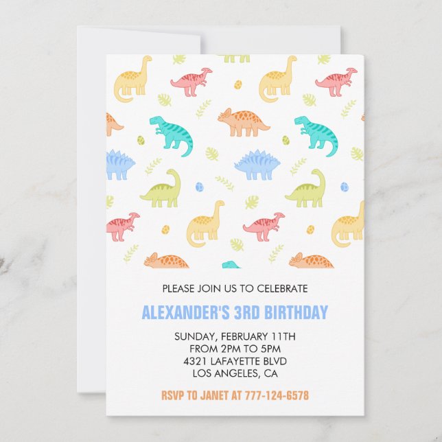 Three rex birthday invitation boy third colourful (Front)