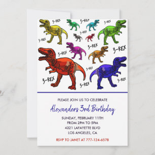 Three rex birthday invitation colourful boy