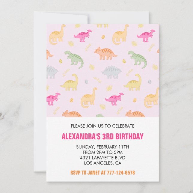 Three rex birthday invitation colourful pink (Front)