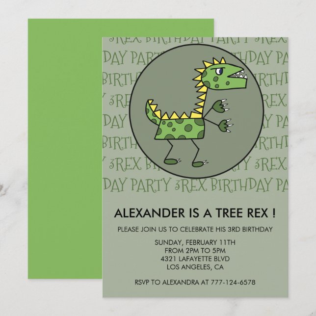 Three rex birthday invitation dinosaur 3rd boy (Front/Back)