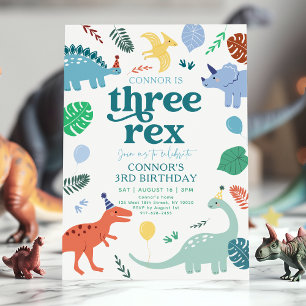 Three Rex Blue Boy Dinosaur Boho 3rd Birthday Invitation