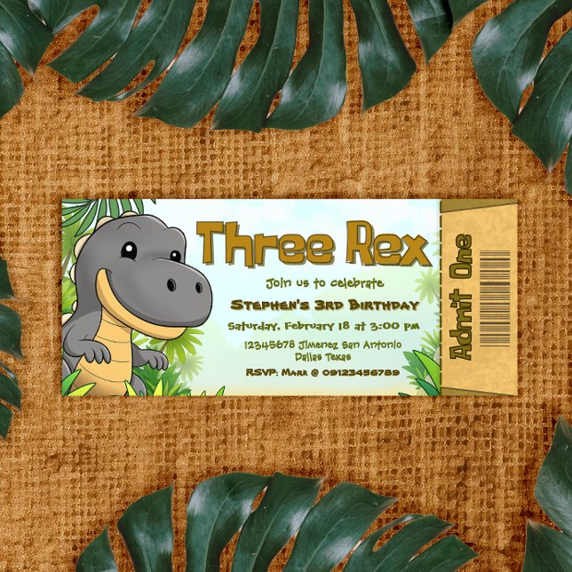 Three Rex Boy 3rd Birthday Ticket Invitation (Three Rex Boy 3rd Birthday Ticket Invitation)