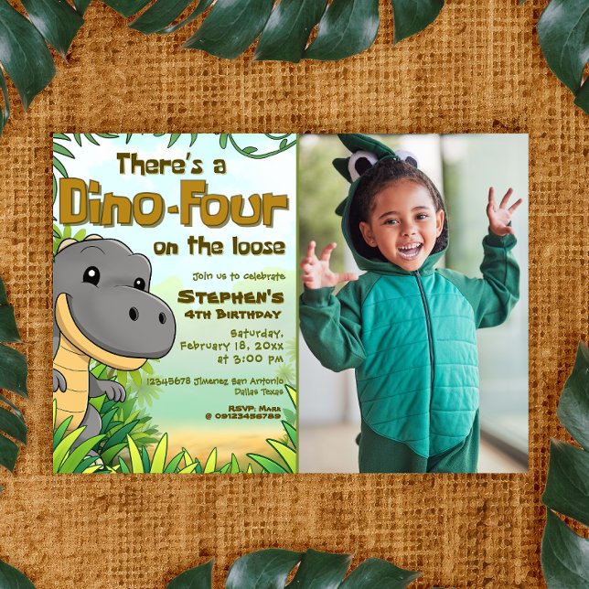 Three Rex Boy 4th Birthday with Photo Invitation (Three Rex Boy 4th Birthday with Photo Invitation)