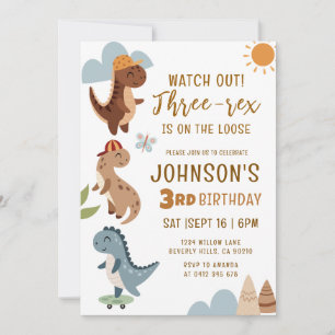 Three-rex Boy Dinosaur 3rd Birthday Party  Invitation