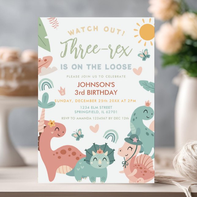 Three-rex Boy Dinosaur Pastel 3rd Birthday Party Invitation (Creator Uploaded)