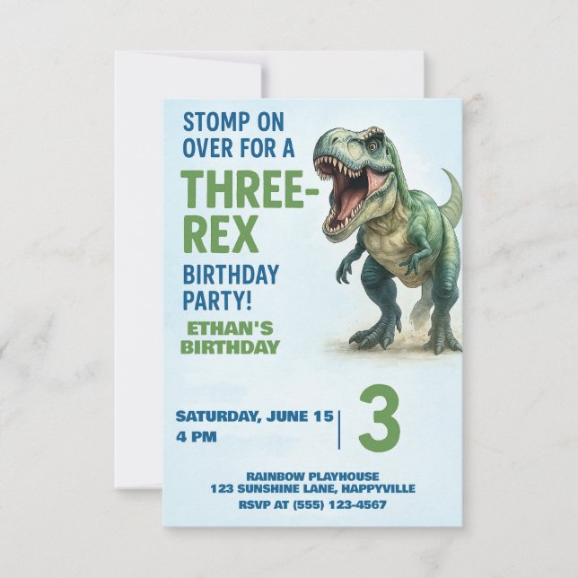 Three-Rex Boys 3rd Birthday Party Invitation (Front)