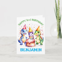 Three rex cute dinosaurs birthday greeting card