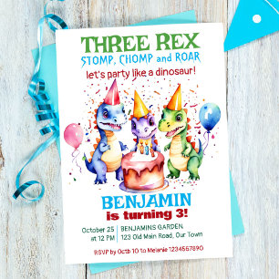 Three rex cute dinosaurs birthday party invitation