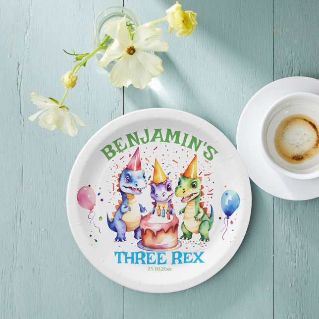 Three rex cute dinosaurs birthday tableware paper plate (Three rex cute dinosaurs birthday party personalized tableware printed paper plates)