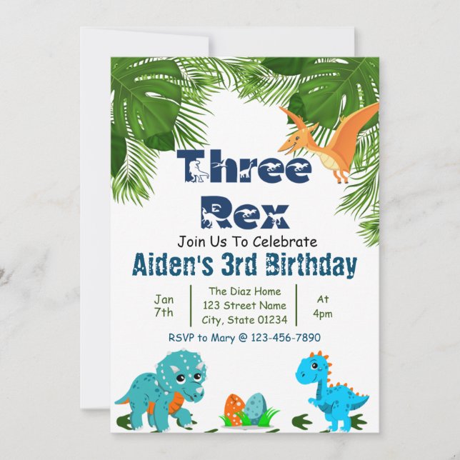 Three Rex Dino Birthday Party Invitation (Front)
