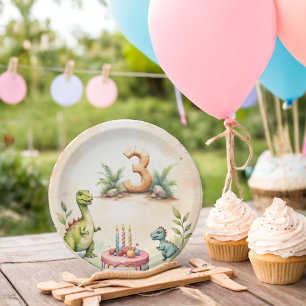 Three-Rex Dinosaur 3rd Birthday Paper Plates 