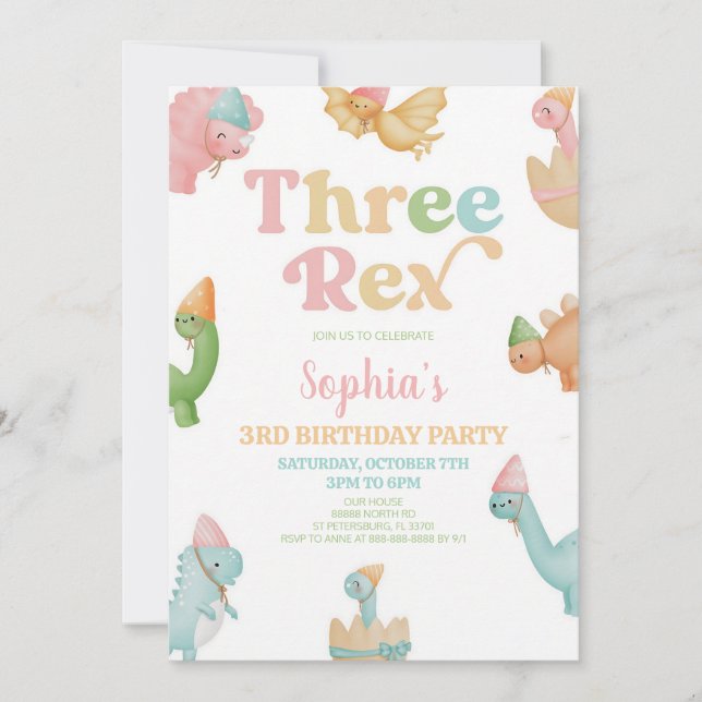 Three Rex Dinosaur 3rd Birthday Party Invitation (Front)
