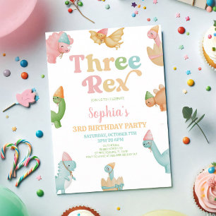 Three Rex Dinosaur 3rd Birthday Party Invitation