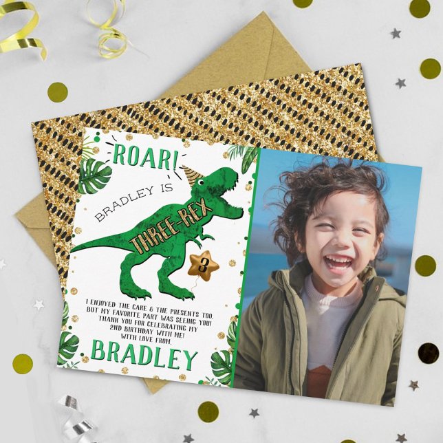 Three-Rex Dinosaur 3rd Birthday Photo Thank You Card (Creator Uploaded)