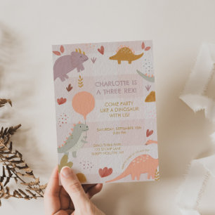 Three Rex Dinosaur 3rd Girl Birthday Invitation