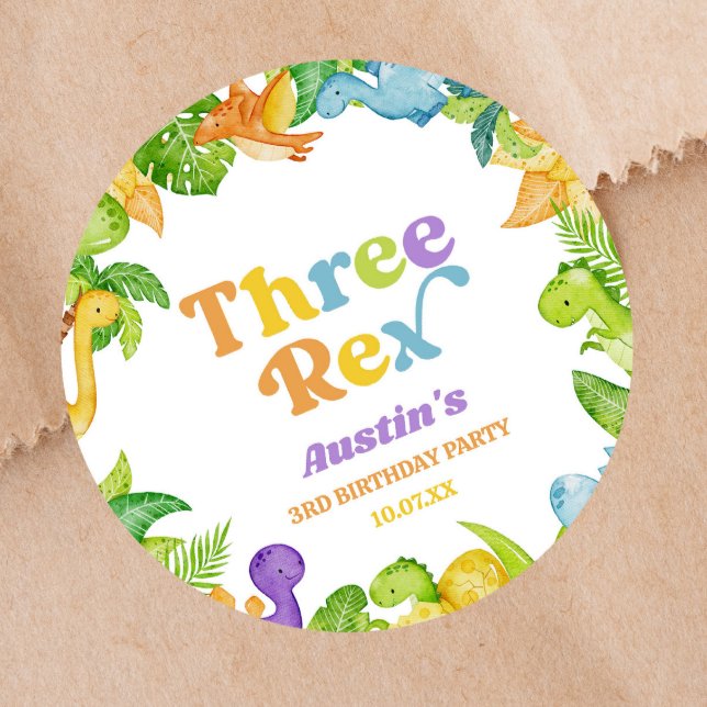 Three Rex Dinosaur 3rd Third Birthday Party Classic Round Sticker (Creator Uploaded)