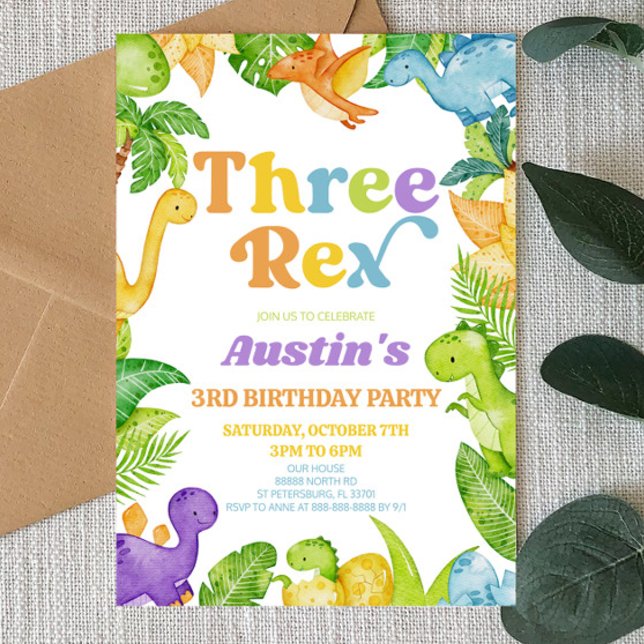 Three Rex Dinosaur 3rd Third Birthday Party Invitation (Creator Uploaded)