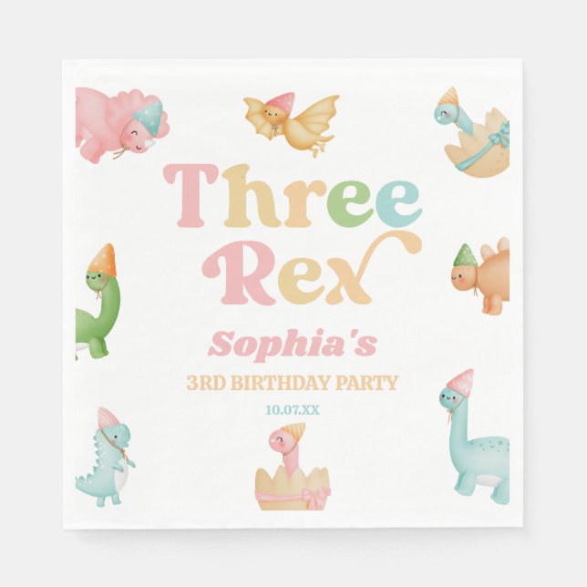 Three Rex Dinosaur 3rd Third Birthday Party Napkin (Front)