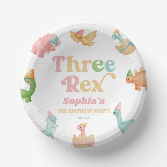 Three Rex Dinosaur 3rd Third Birthday Party Paper Plate (Front)
