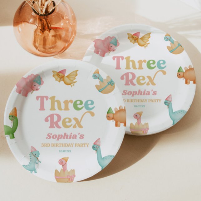 Three Rex Dinosaur 3rd Third Birthday Party Paper Plate (Creator Uploaded)