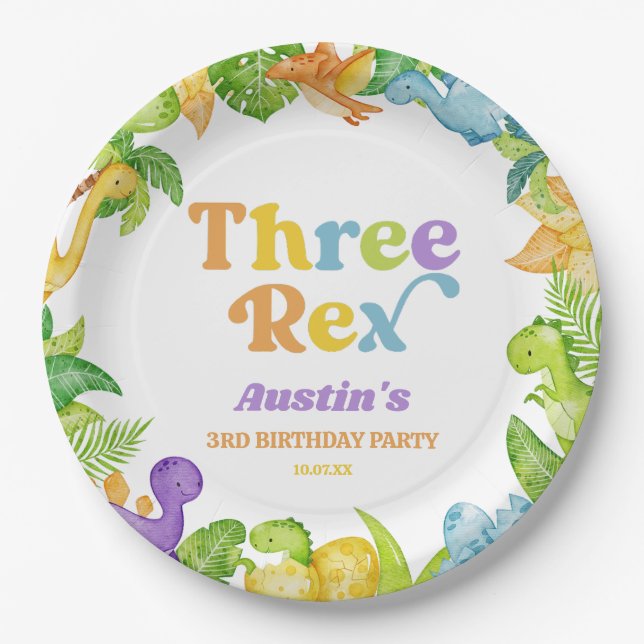 Three Rex Dinosaur 3rd Third Birthday Party Paper Plate (Front)