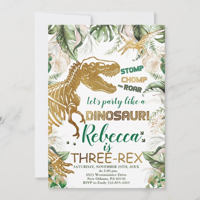 Three-rex Dinosaur Birthday, Dino T-Rex Invitation (Front)