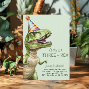 Three-Rex Dinosaur Birthday   Green Dino Invitation