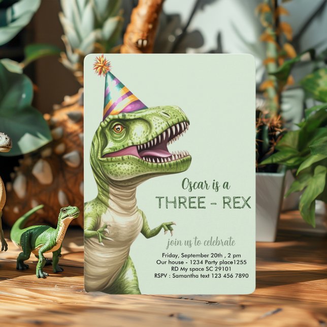 Three-Rex Dinosaur Birthday | Green Dino Invitation (Creator Uploaded)