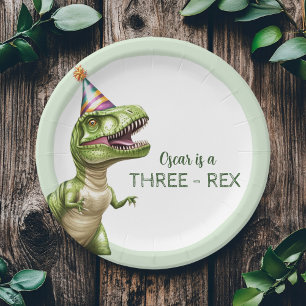 Three-Rex Dinosaur Birthday Green Dino Paper Plate