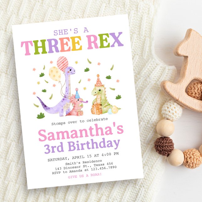 Three Rex Dinosaur Birthday Invitation (Dinosaur 3rd Birthday Invitation)