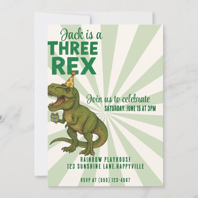 Three-Rex Dinosaur Birthday Invitation |T-Rex Pary (Front)