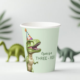 Three-Rex Dinosaur Birthday Paper Cup Green Dino