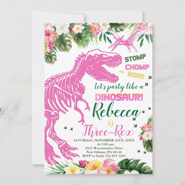 Three-Rex Dinosaur Birthday Party, Dino T-Rex Invitation (Front)