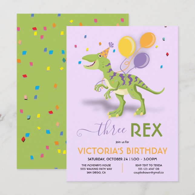 Three Rex Dinosaur Birthday Party Invitation (Front/Back)