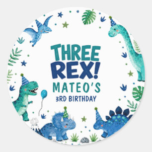 Three Rex Dinosaur Blue 3rd Birthday Classic Round Sticker