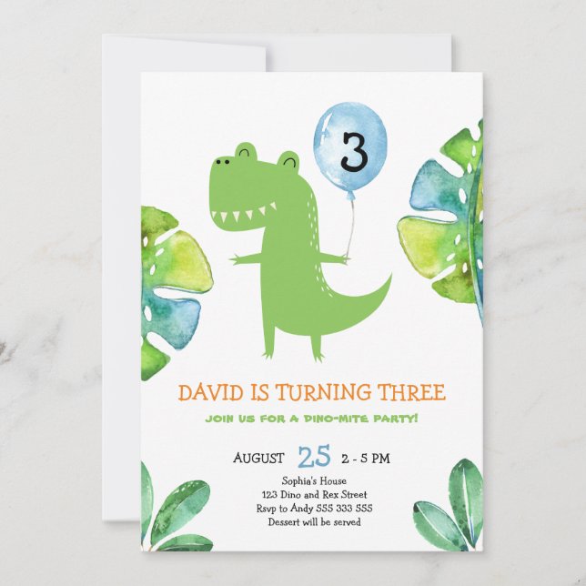 Three Rex Dinosaur Boy 3rd Birthday Party Invitation (Front)