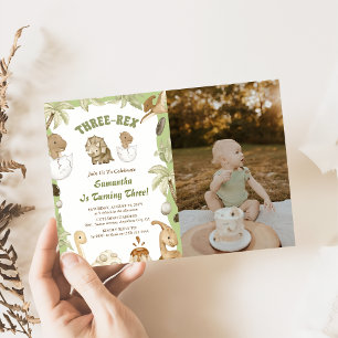 Three Rex Dinosaur Boy 3rd Birthday Party Photo Invitation