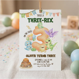 Three-Rex Dinosaur Cute Dino 3rd Birthday Invitation