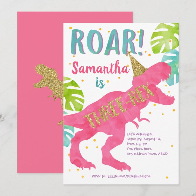 Three-rex, Dinosaur, Girl, Third Birthday Invitation (Front/Back)