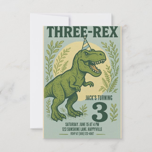 Three Rex Dinosaur Greenery Birthday  Invitation (Front)
