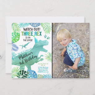 Three Rex Dinosaur Greenery Birthday Invitation
