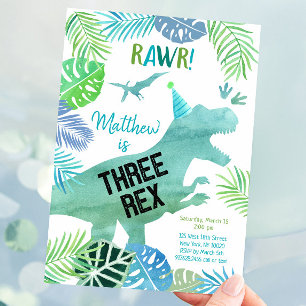 Three Rex Dinosaur Greenery Birthday Invitation