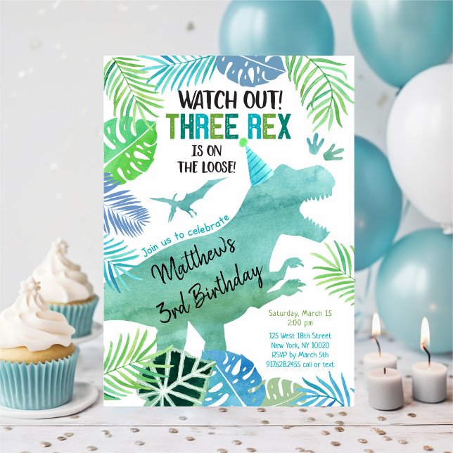 Three Rex Dinosaur Greenery Birthday Invitation (Creator Uploaded)