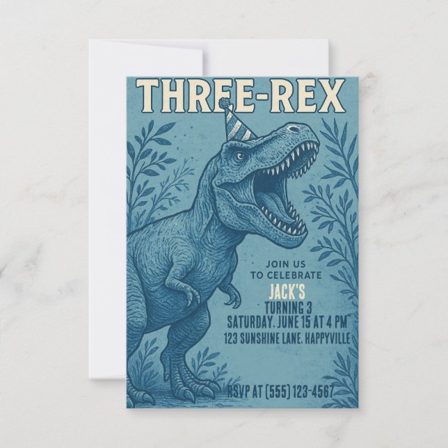 Three Rex Dinosaur Jungle Birthday Invitation (Front)