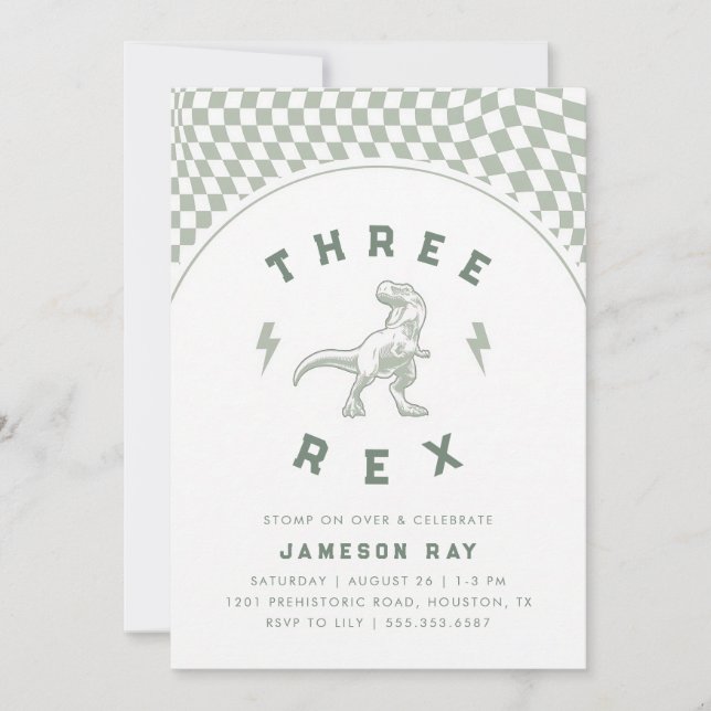 Three-Rex Dinosaur Roar Boy Green Birthday Invitation (Front)