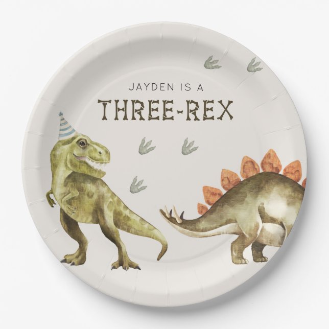 Three-Rex Dinosaur T-rex 3rd Birthday Paper Plate (Front)