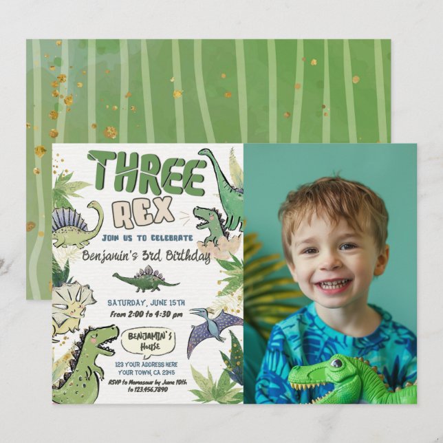 Three Rex Dinosaur Themed Invitation (Front/Back)