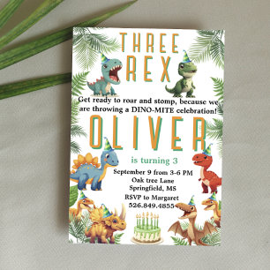 Three rex Dinsoaur birthday,watercolor t-rex Invitation