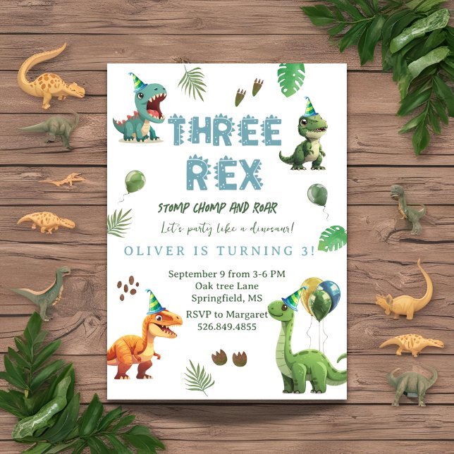 Three rex Dinsoaur birthday,watercolor t-rex Invitation (Creator Uploaded)